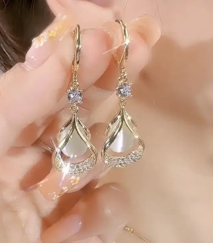 Pendientes con diseño de nicho de gota de agua y piedra de ojo de gato para mujer, accesorios de joyería adecuados para regalos de citas, fiestas y festivales, 2 piezas 1