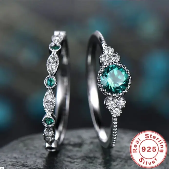 Conjunto de anillos de plata de ley 925 con cristales de circón esmeralda para mujer, regalos de joyería Glamour de boda y compromiso 1