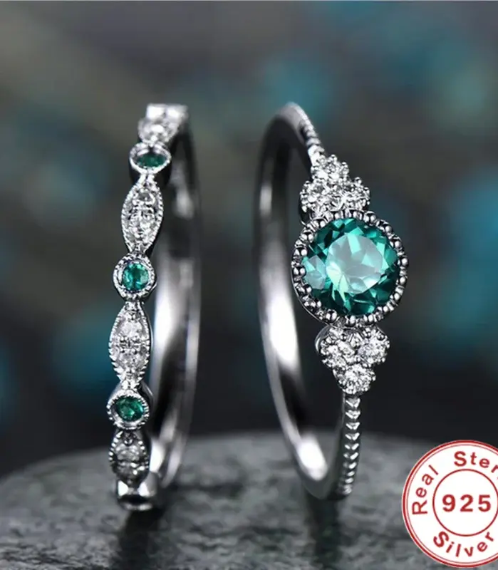 Conjunto de anillos de plata de ley 925 con cristales de circón esmeralda para mujer, regalos de joyería Glamour de boda y compromiso 1