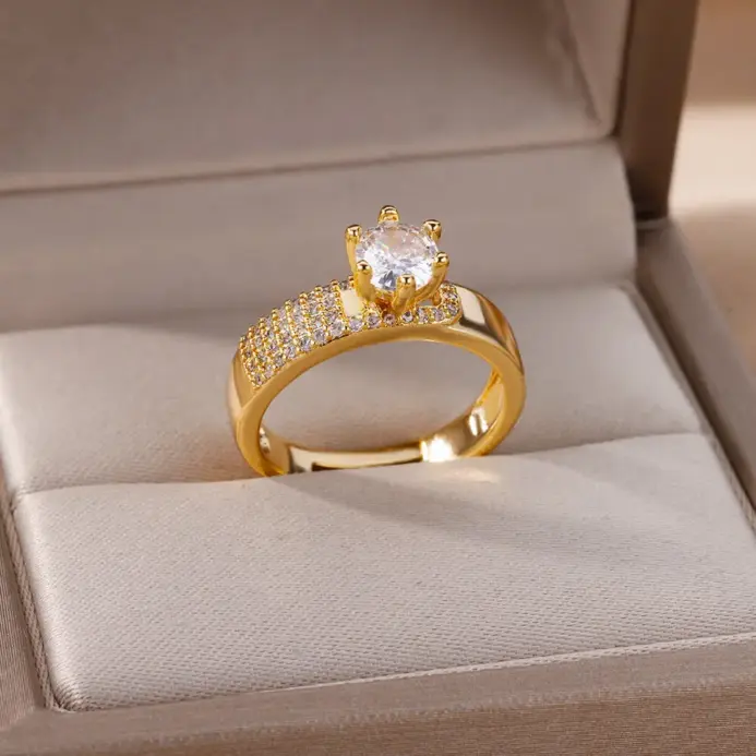 Anillos redondos de acero inoxidable para mujer, anillo de cristal de Color dorado geométrico de circón, joyería estética para fiesta de boda, regalo para mujer 2