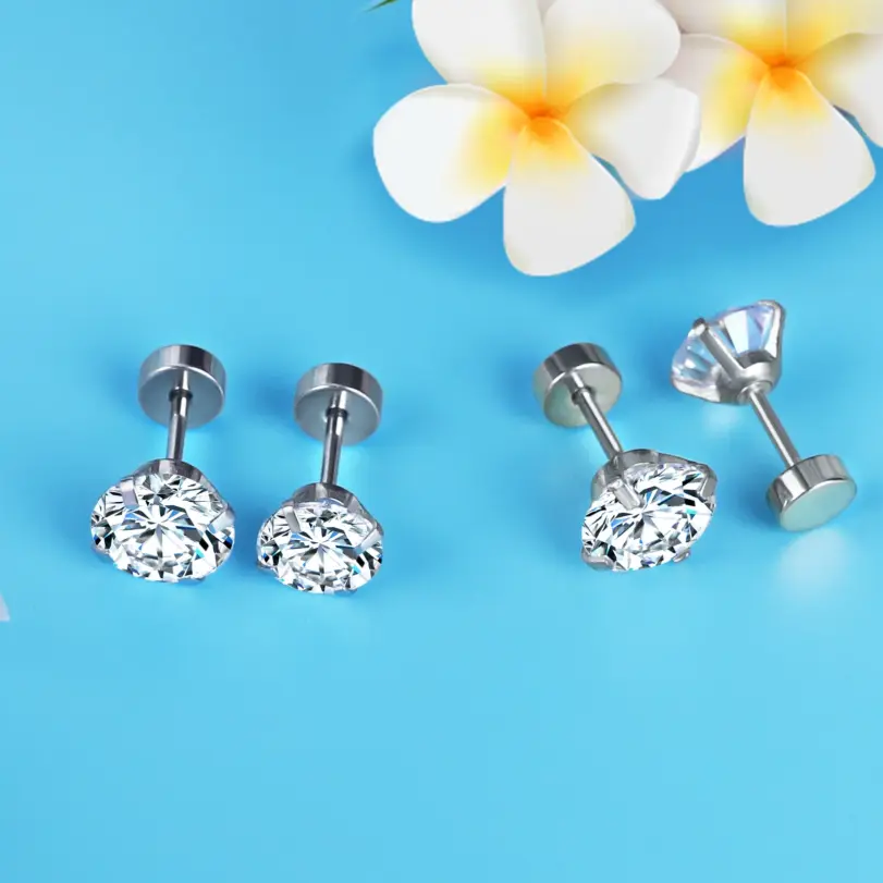 1 par/2 uds., pendientes de cristal de acero inoxidable para mujeres y hombres, joyería para las orejas de circonia cúbica transparente redonda de 4 puntas para el trago 5