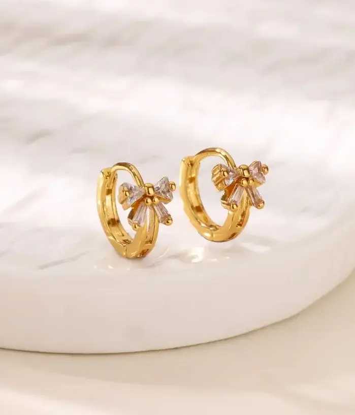 Pendientes elegantes con lazo de circón para mujer, aretes con lazo de Color dorado de acero inoxidable, regalo de joyería impermeable para boda de lujo 2