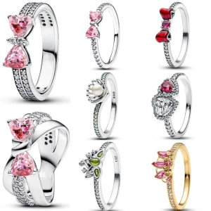 Anillo europeo nuevo de plata 925 con lazo rosa y rojo, tamaño 6789, adecuado para mujeres y hombres, joyería, fiestas, bodas de moda 1