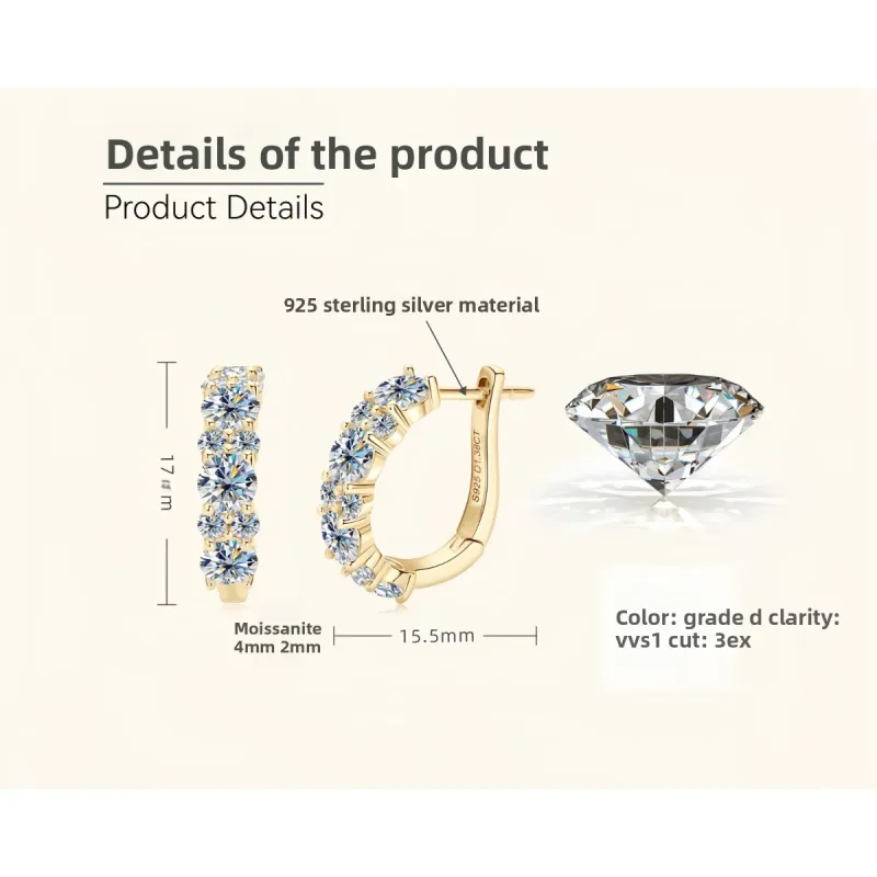 Pendientes de Plata de Ley 925 con Moissanita, Color D, 2.76 Quilates, Pendientes de Aro con Diamantes de Laboratorio, Joyería Fina Brillante para Bodas 6