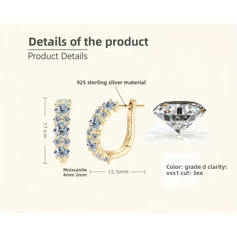 Pendientes de Plata de Ley 925 con Moissanita, Color D, 2.76 Quilates, Pendientes de Aro con Diamantes de Laboratorio, Joyería Fina Brillante para Bodas 6
