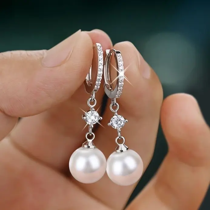 Huitan-pendientes colgantes de perlas de imitación para mujer, Color plateado, accesorios de boda simples y clásicos, joyería al por mayor 2