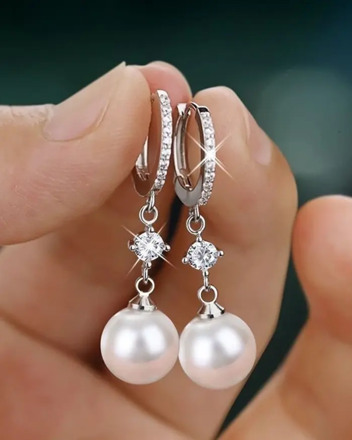 Huitan-pendientes colgantes de perlas de imitación para mujer, Color plateado, accesorios de boda simples y clásicos, joyería al por mayor 2