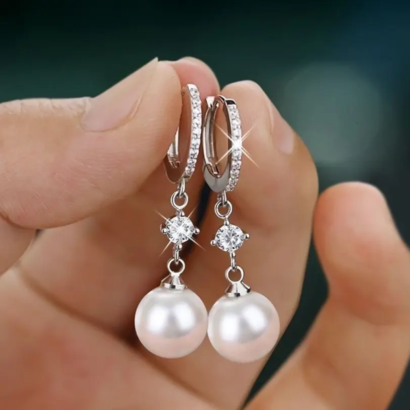 Huitan-pendientes colgantes de perlas de imitación para mujer, Color plateado, accesorios de boda simples y clásicos, joyería al por mayor 2