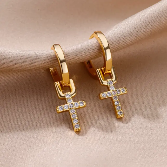 Pendientes de gota de Cruz de circón para mujer, pendientes de acero inoxidable de Color dorado 2023, joyería de lujo con hebilla para oreja, regalos de boda 2