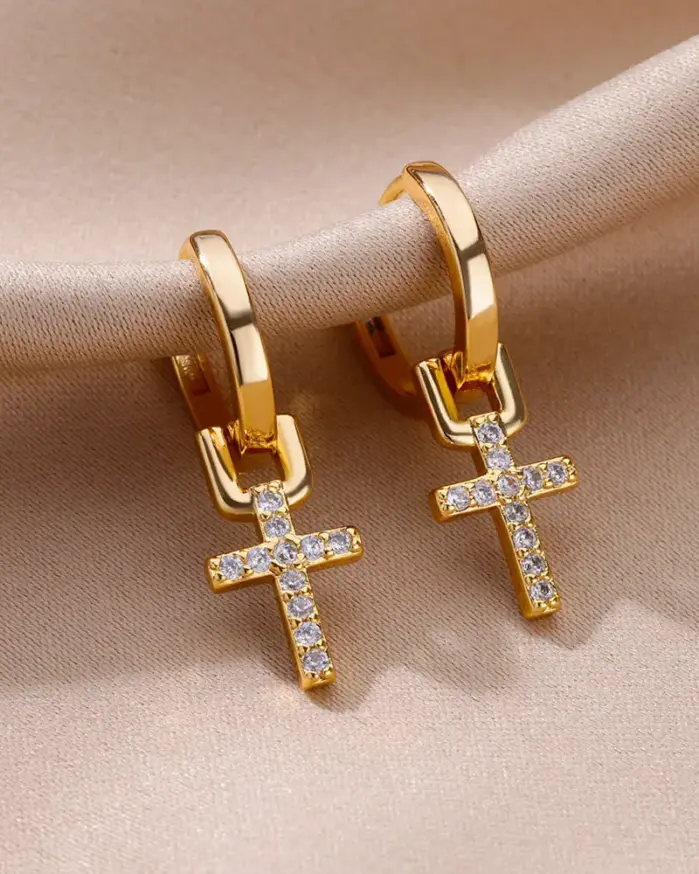 Pendientes de gota de Cruz de circón para mujer, pendientes de acero inoxidable de Color dorado 2023, joyería de lujo con hebilla para oreja, regalos de boda 2