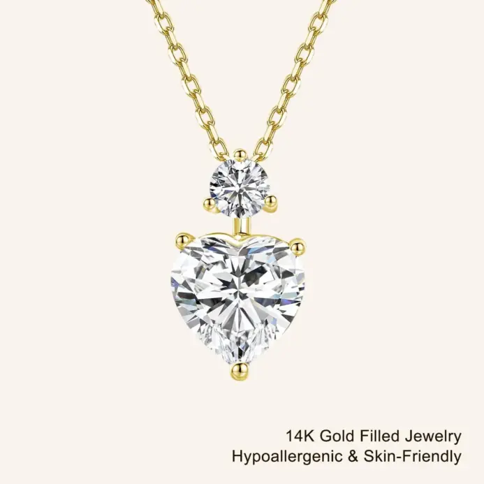 Collar romántico de corazón relleno de oro de 14 quilates, colgante de moissanita de 2 quilates, cadena ajustable delicada para cumpleaños, regalo de joyería para mujer 1