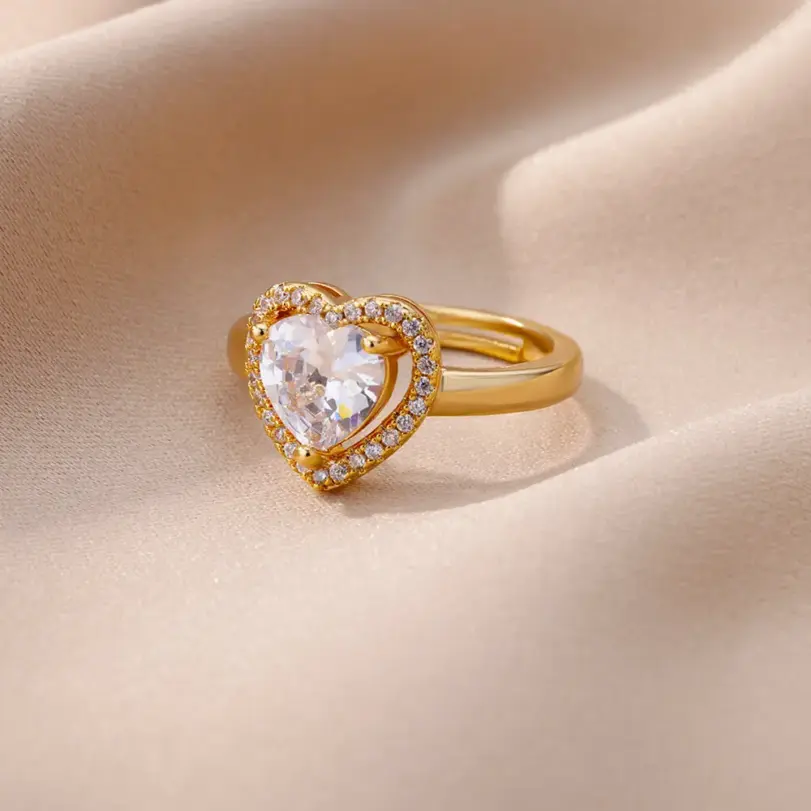 Anillos de corazón de acero inoxidable para mujer, anillo ajustable de corazón chapado en oro con circonita, accesorios para fiesta de boda, regalo de joyería 2023 5