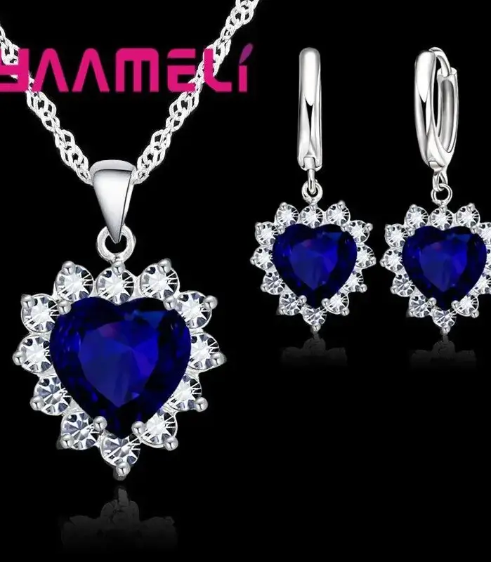 Conjunto de joyería de plata de ley 925 para mujer, Colgante de Piedra CZ con corazón, collares, pendientes, regalo de aniversario de amor 1