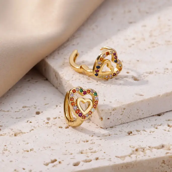 Pendientes de circón de colores en forma de corazón para mujer, aretes de aro de acero inoxidable de lujo, joyería estética romántica de tendencia 2023 2