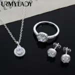 Plata de Ley 925, bonito regalo de Navidad sólido, moda noble, elegante, mujer, cristal brillante CZ, collar, pendiente, anillo, conjunto de joyería 1