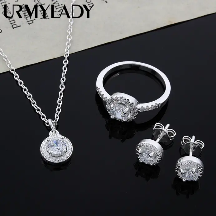 Plata de Ley 925, bonito regalo de Navidad sólido, moda noble, elegante, mujer, cristal brillante CZ, collar, pendiente, anillo, conjunto de joyería 1