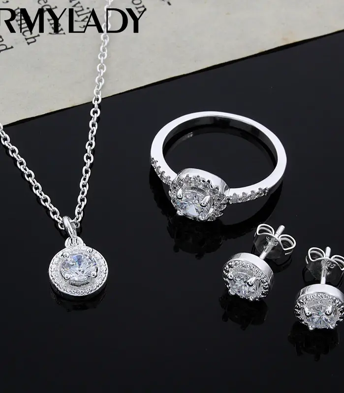 Plata de Ley 925, bonito regalo de Navidad sólido, moda noble, elegante, mujer, cristal brillante CZ, collar, pendiente, anillo, conjunto de joyería 1