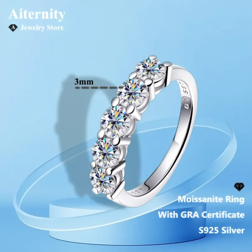 Anillo de moissanita D VVS1, Plata de Ley 925 con certificado GRA, banda de eternidad, anillos de compromiso de boda para mujeres y hombres 1