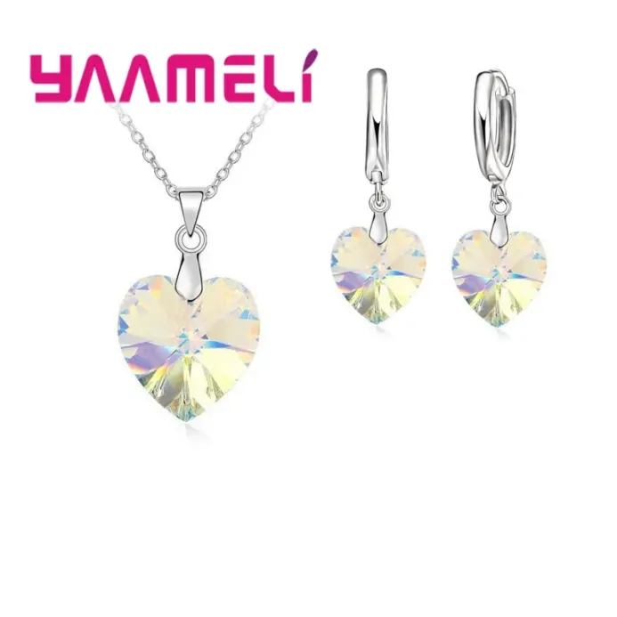 Conjunto de joyería nupcial de Color Plata de Ley 925 con forma de corazón de amor para boda, colgantes de cristal a la moda, collares y pendientes 2