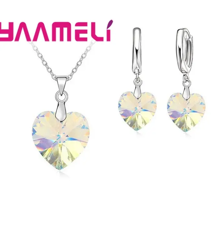 Conjunto de joyería nupcial de Color Plata de Ley 925 con forma de corazón de amor para boda, colgantes de cristal a la moda, collares y pendientes 2
