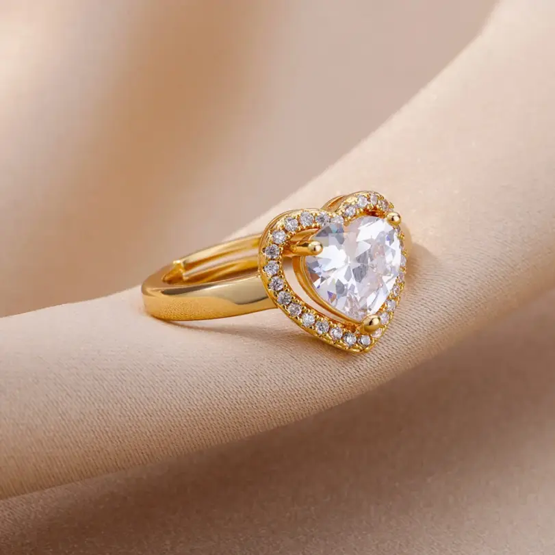 Anillos de corazón de acero inoxidable para mujer, anillo ajustable de corazón chapado en oro con circonita, accesorios para fiesta de boda, regalo de joyería 2023 4