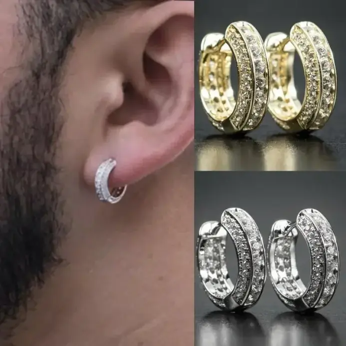 Pendientes de aro redondos de Hip Hop para hombre, Circonia cúbica de cristal, joyería masculina versátil, pendiente circular de tendencia, regalo 1