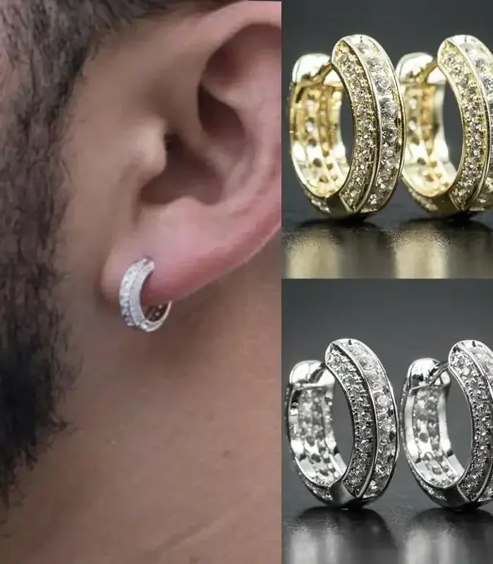 Pendientes de aro redondos de Hip Hop para hombre, Circonia cúbica de cristal, joyería masculina versátil, pendiente circular de tendencia, regalo 1