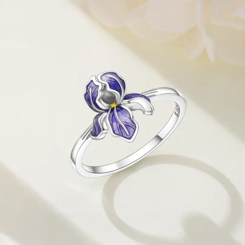 Anillo cerrado de plata de ley S925 con flor de Iris púrpura para mujer, joyería Original para dedo, regalos finos de moda para fiesta 2