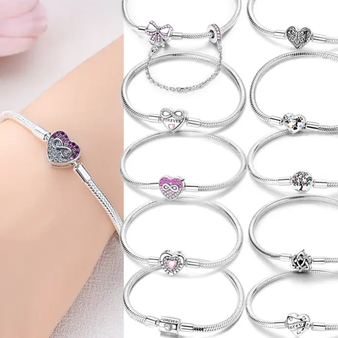 Pulseras de Plata de Ley 925 Originales con Dijes, Pulsera de Cadena de Serpiente con Cuentas de Corazón, Compatible con Dijes y Cuentas DIY para Mujer, Joyería Fina 1