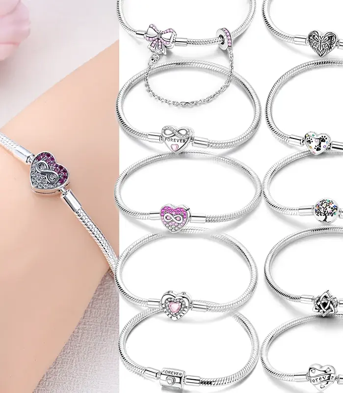 Pulseras de Plata de Ley 925 Originales con Dijes, Pulsera de Cadena de Serpiente con Cuentas de Corazón, Compatible con Dijes y Cuentas DIY para Mujer, Joyería Fina 1