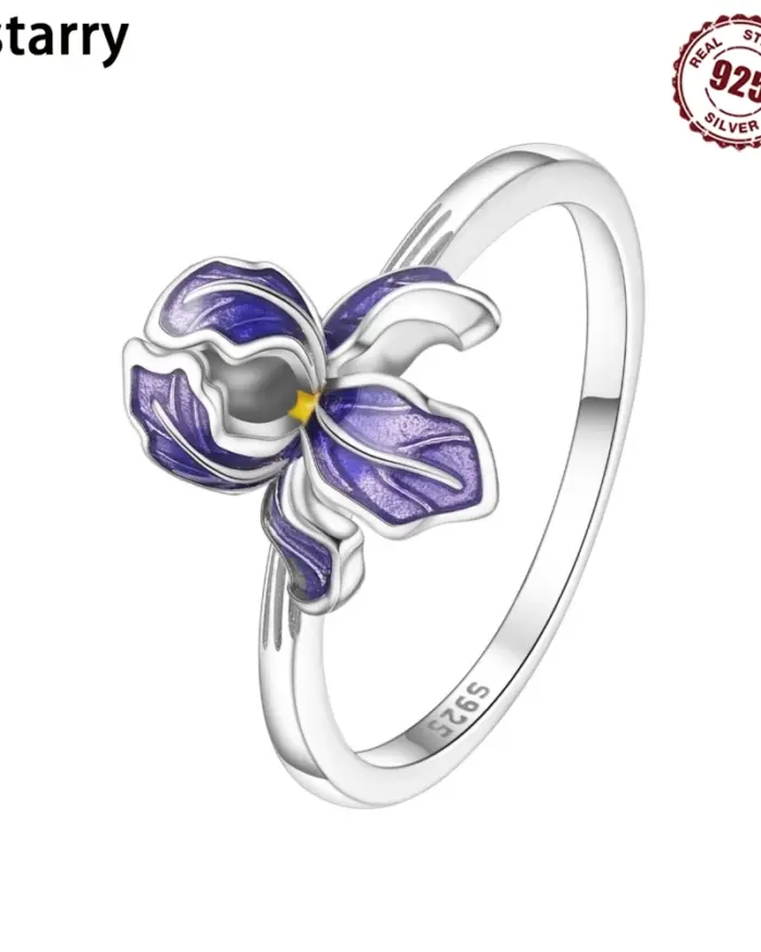 Anillo cerrado de plata de ley S925 con flor de Iris púrpura para mujer, joyería Original para dedo, regalos finos de moda para fiesta 1