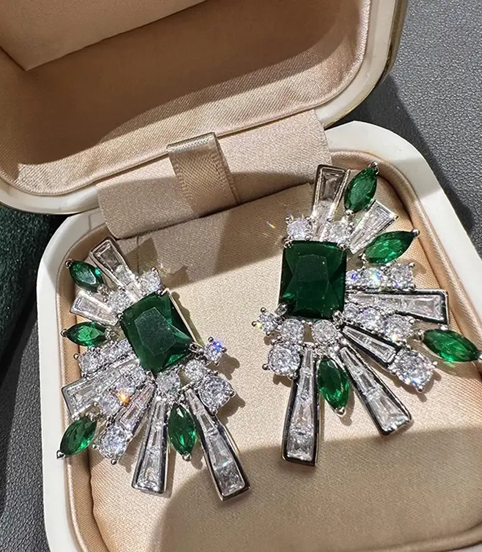 pendientes geométricos de lujo para mujer, con incrustaciones de circonia cúbica verde/blanca, accesorios de boda para fiesta, joyería elegante, regalo 2