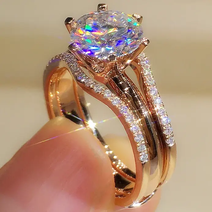 anillos únicos de Color oro rosa para mujer, anillos clásicos de circonia cúbica con 6 garras, bandas de compromiso de boda, joyería novedosa 1