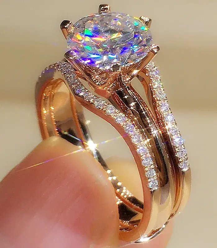 anillos únicos de Color oro rosa para mujer, anillos clásicos de circonia cúbica con 6 garras, bandas de compromiso de boda, joyería novedosa 1