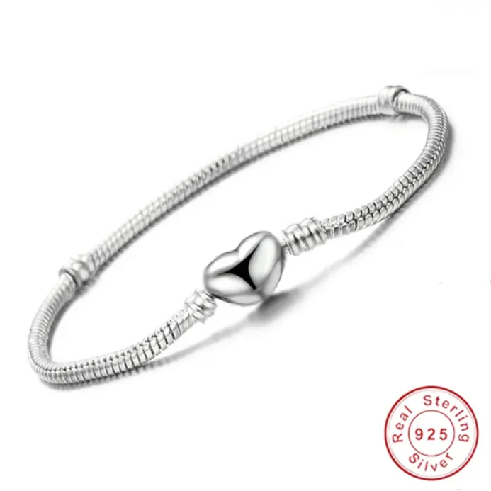 Pulsera de plata 925 Original con forma de corazón, brazalete con cuentas de serpiente, regalo para mujer 2