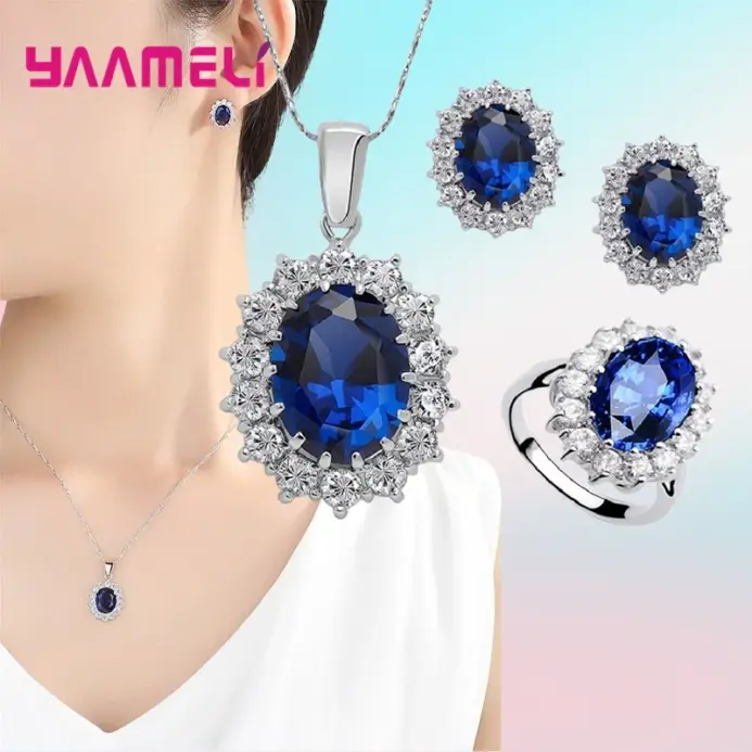 Auténtica Plata de Ley 925 chapada en plata para mujer, conjuntos de joyería de compromiso de boda, collar de cristal de circón ovalado de princesa, anillo y pendientes 2