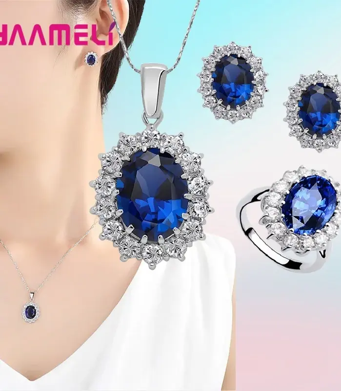 Auténtica Plata de Ley 925 chapada en plata para mujer, conjuntos de joyería de compromiso de boda, collar de cristal de circón ovalado de princesa, anillo y pendientes 2