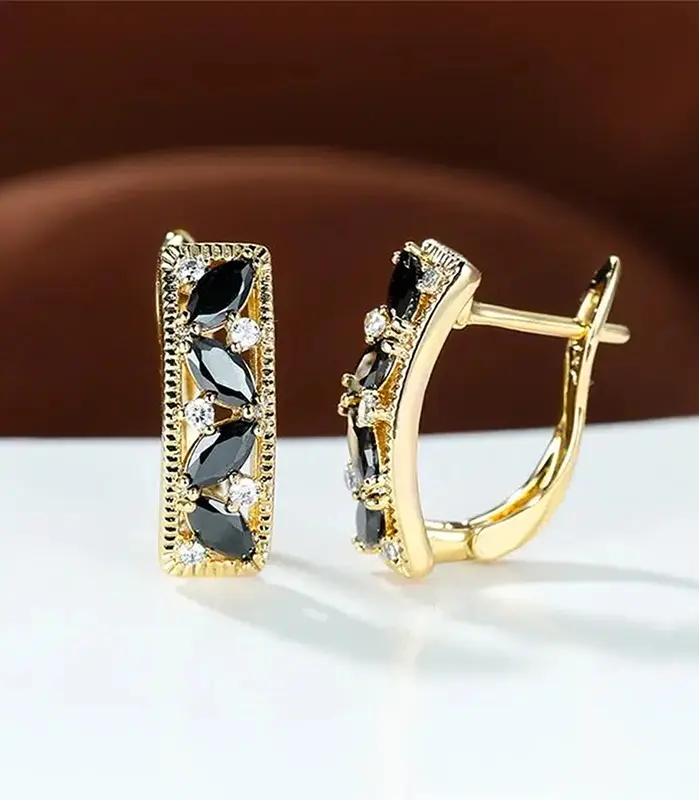 Huitan, nuevos pendientes de aro para mujer con circonita cúbica negra marquesa, pendientes de lujo de Color dorado, joyería para mujer con temperamento de boda 1