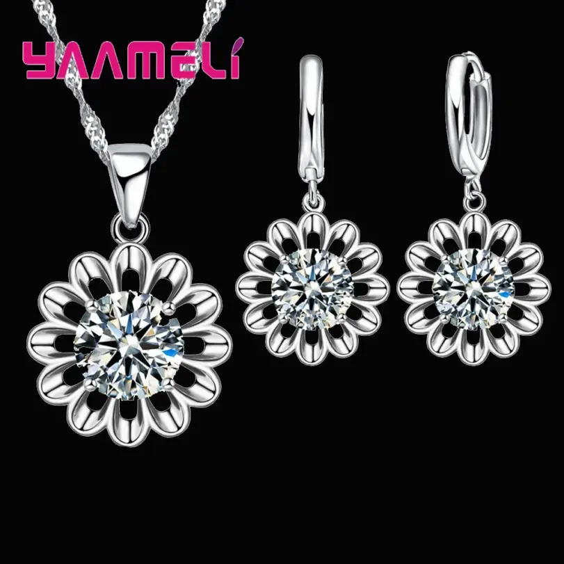 Nuevo conjunto de joyería de boda a la moda para mujer, collar con colgante de cristal de Color Plata de Ley 925 de alta calidad, pendiente de aro, gran promoción 3