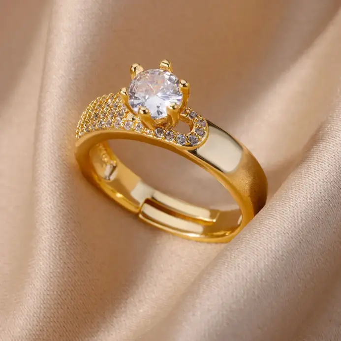 Anillos redondos de acero inoxidable para mujer, anillo de cristal de Color dorado geométrico de circón, joyería estética para fiesta de boda, regalo para mujer 1