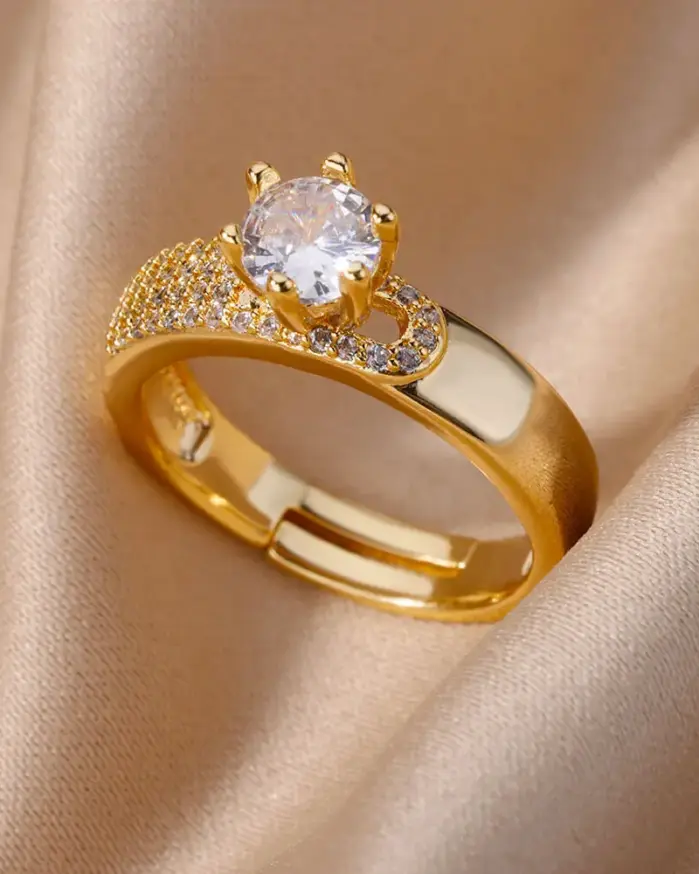 Anillos redondos de acero inoxidable para mujer, anillo de cristal de Color dorado geométrico de circón, joyería estética para fiesta de boda, regalo para mujer 1