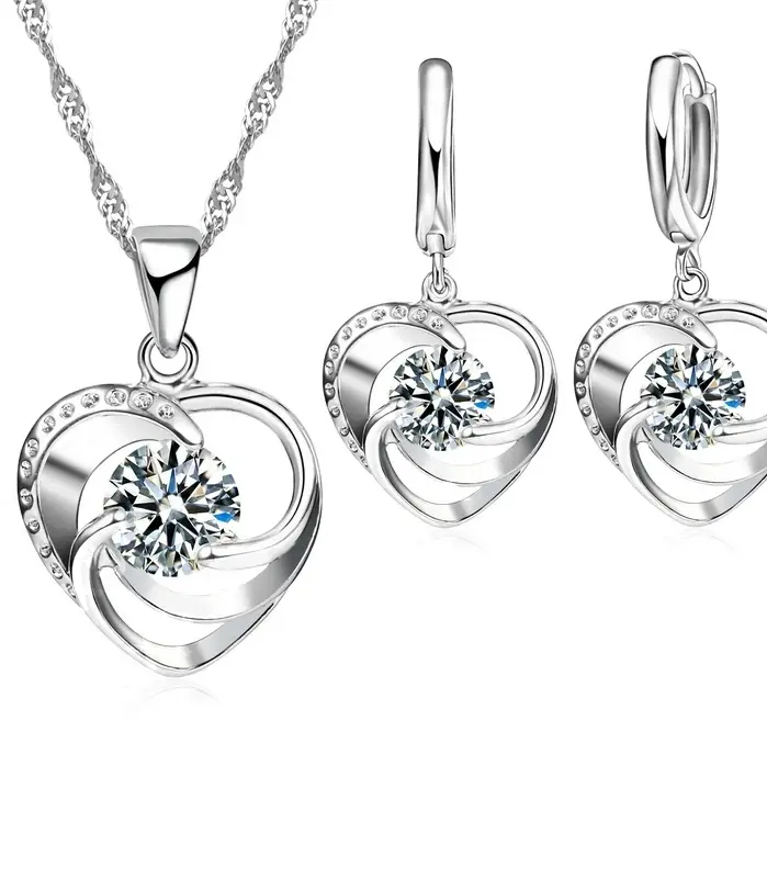 Conjunto de pendientes y collar estampado de Plata de Ley 925, cadena larga, estilo romántico dulce, forma de corazón de amor para mujer, esposa 1