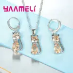 Juegos de joyas para mujer y niña, Plata de Ley 925 auténtica, cristal austriaco brillante, bonito collar con colgante de gato, pendiente Huggie 4