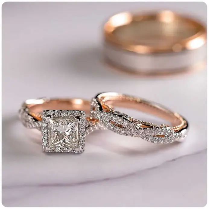 Conjunto de anillos de boda para novia, corte princesa de lujo, circonita cúbica, accesorios elegantes, joyería brillante para boda y hombre 2