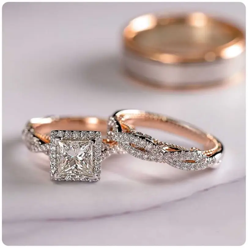 Conjunto de anillos de boda para novia, corte princesa de lujo, circonita cúbica, accesorios elegantes, joyería brillante para boda y hombre 2