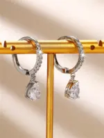 pendientes colgantes de circonia cúbica para mujer, aretes clásicos simples cuadrados/corazón/pera, estilo atemporal, joyería de eternidad de tendencia de boda 11