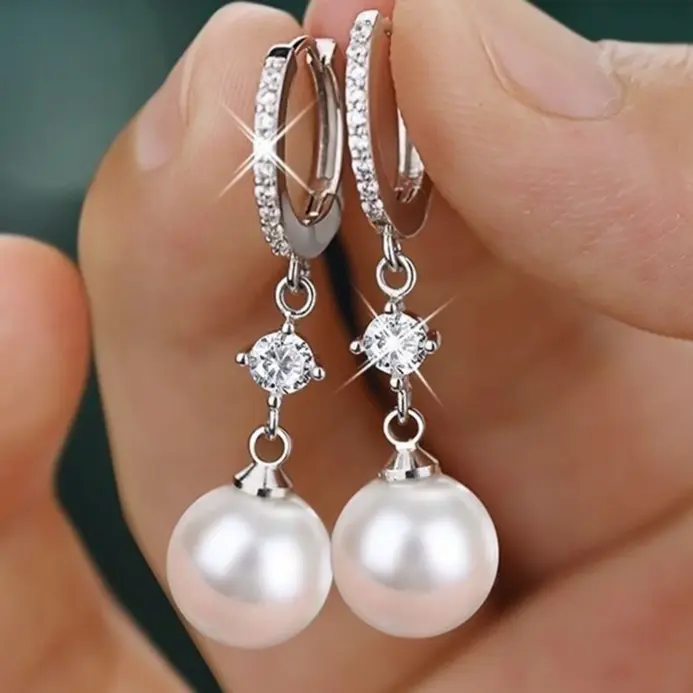Huitan-pendientes colgantes de perlas de imitación para mujer, Color plateado, accesorios de boda simples y clásicos, joyería al por mayor 1
