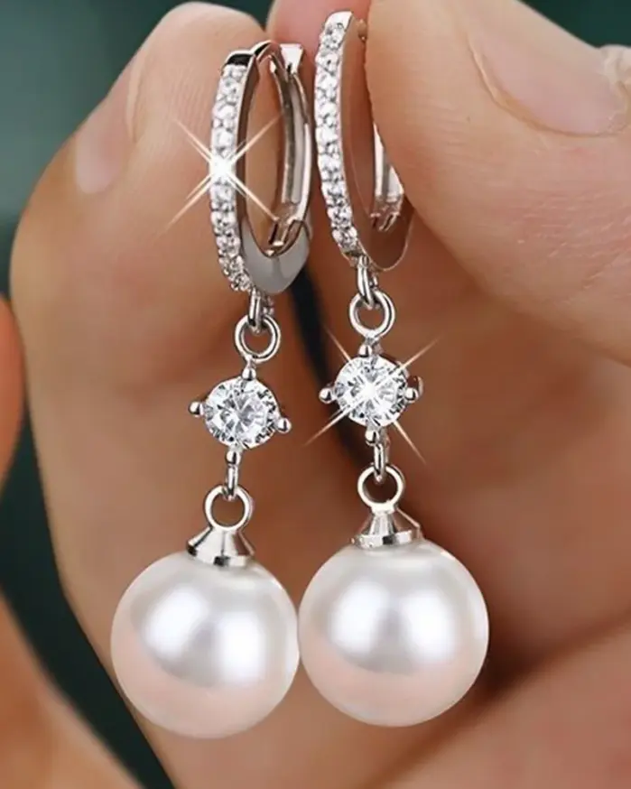 Huitan-pendientes colgantes de perlas de imitación para mujer, Color plateado, accesorios de boda simples y clásicos, joyería al por mayor 1