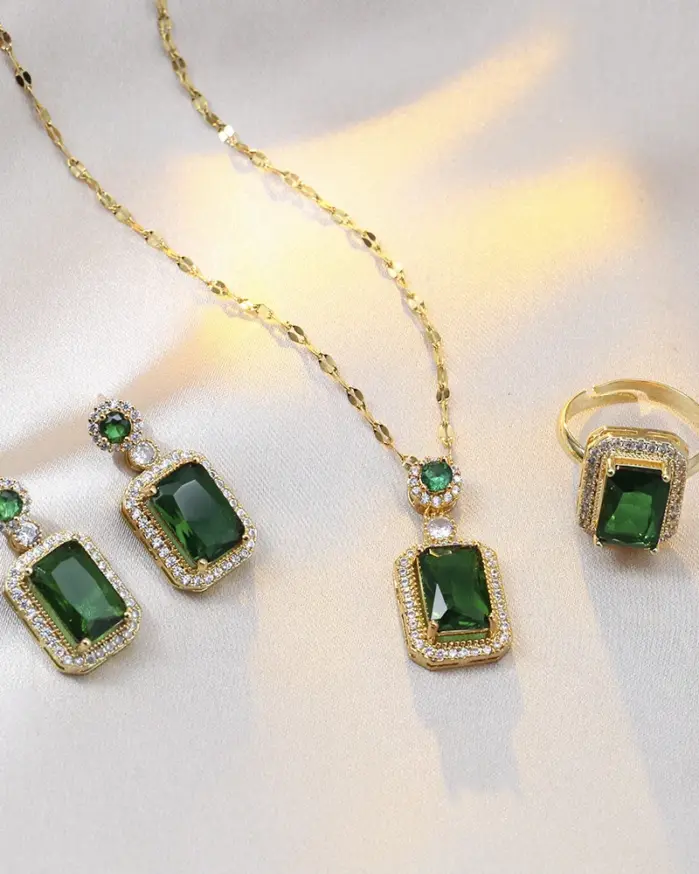 Conjuntos de 4 Uds. De collar con diamantes de imitación cuadrados exquisitos, pendientes, anillo, conjunto de joyería, joyería para mujer, regalos nupciales de moda 2