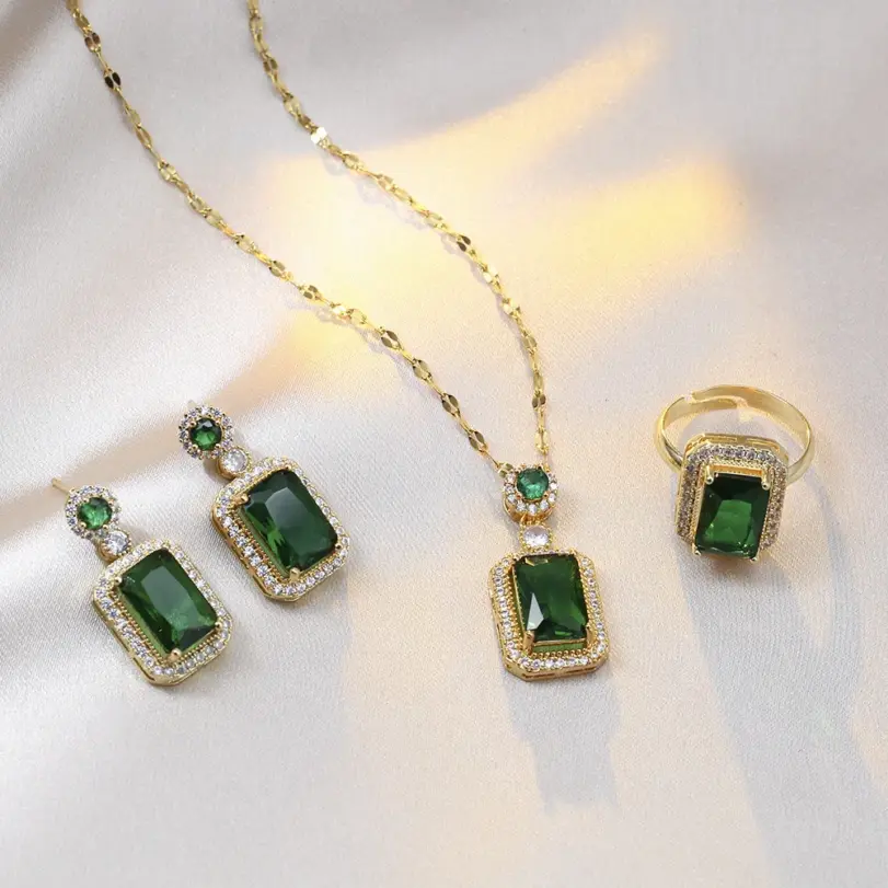 Conjuntos de 4 Uds. De collar con diamantes de imitación cuadrados exquisitos, pendientes, anillo, conjunto de joyería, joyería para mujer, regalos nupciales de moda 2